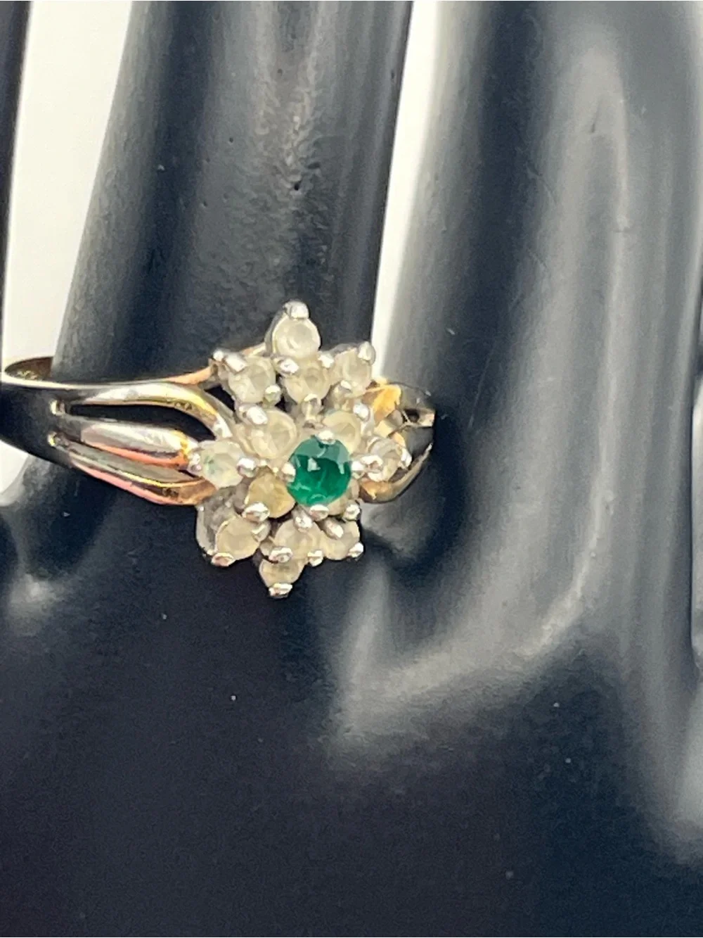 14k gold electroplate green & clear rhinestone cluster cocktail ring sz 8.75